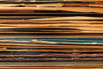 Stack of old vinyl records, close up