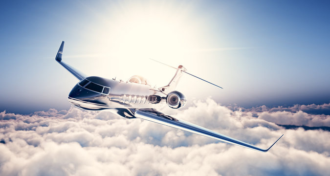 Photo of black luxury generic design private jet flying in blue sky. Huge white clouds and sun at background. Business travel concept. Horizontal. 3d rendering