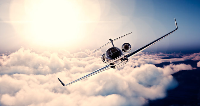 Image of black luxury generic design private jet flying in blue sky at sunset. Huge white clouds background. Business travel concept. Horizontal , front view. 3d rendering