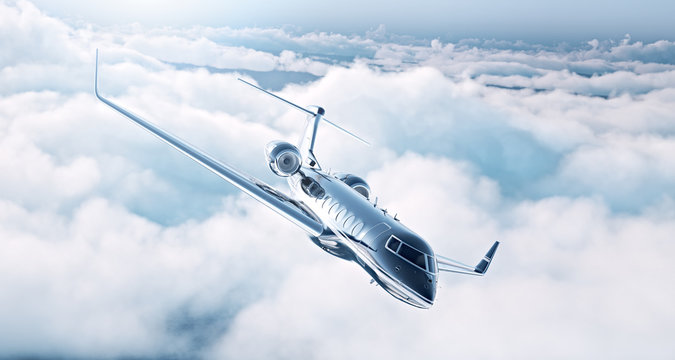 Picture of black luxury generic design private jet flying in blue sky. Huge white clouds at background. Business travel concept. Horizontal . 3d rendering