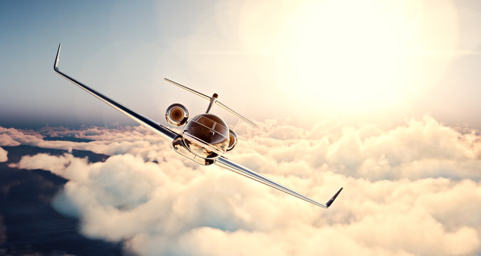 Image of black luxury generic design private jet flying in blue sky at sunset. Huge white clouds and sun background. Business travel concept. Horizontal , front view. 3d rendering