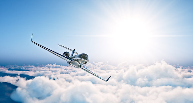 Concept of black luxury generic design private jet flying in blue sky at sunset. Huge white clouds background. Business travel photo. Horizontal , angle view. 3d rendering