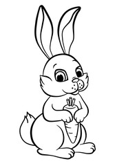 Little cute rabbit stands and holds carrot in the hands.
