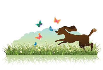 Playful cartoon dog chasing butterflies EPS vector