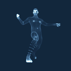 Fighting Man. 3D Model of Man. Human Body Model. Body Scanning. View of Human Body. Vector Graphics Composed of Particles.
