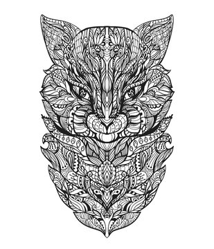 Coloring Page For Adult With Cat Head. Zentangle Vector Illustration.