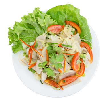 Thai cuisine spicy pork salad on white background or Yum Moo Yor,