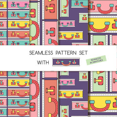 Seamless pattern set of bags. Travel vector texture with suitcases