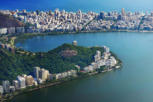 Aerial view of Lagoa and Ipanema neighbourhood in Rio de Janeiro, Brazil.