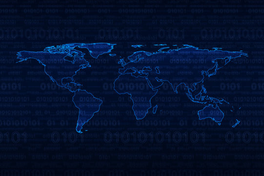 Digital world map over binary code blue background