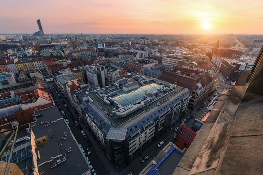 Air view panorama of old Wroclaw city during sunset. Poland Euro