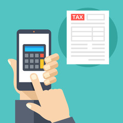 Hand holding smartphone with calculator on screen and tax form. Tax calculator mobile app. Flat design vector illustration