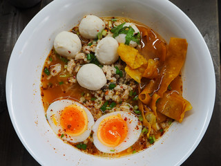 Spicy noodle with minced pork and boiled eggs 