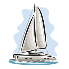 Obraz premium Vector logo sailing catamaran, sailboat, sailer, sloop, ship, sail boat, floating blue sea, ocean, waves. Cartoon sailing catamaran, sea summer regatta, yachting extreme sport race, sea sailing travel