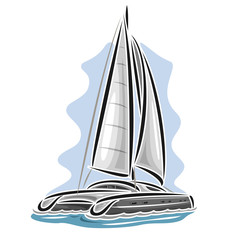 Fototapeta premium Vector logo sailing catamaran, sailboat, sailer, sloop, ship, sail boat, floating blue sea, ocean, waves. Cartoon sailing catamaran, sea summer regatta, yachting extreme sport race, sea sailing travel
