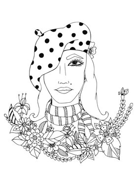 Beautiful girl in the colors of a series of images of girls from different parts of world. Design for the coloring book for adults. Coloring page, zentangle style, hand drawn vector print. Black and