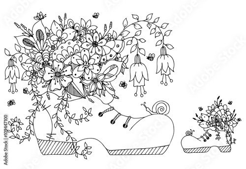 Vector Illustration Zentangl Shoe With Flowers Doodles Art Spring Flowering Summer Butterfly