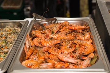 Tray of delicious whole pink prawns