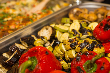 Delicious roasted fresh vegetables in a metal tray