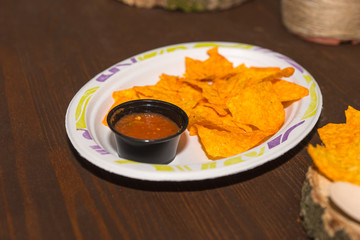 Seasoned Tortilla Chips with Salsa on Paper Plate