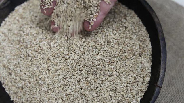 Hand greift in Sesam Samen Holzschale 