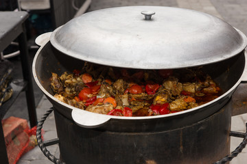 Large pot of roasted colorful vegetables