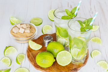 Two fresh mojitos cocktail. Mojitos with mint leaves, lime and ice