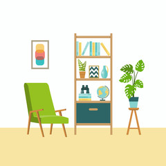 Home furniture. Set of elements:chair, bookcase, binoculars, globe, plants, books, pictures. Vector flat illustrations.