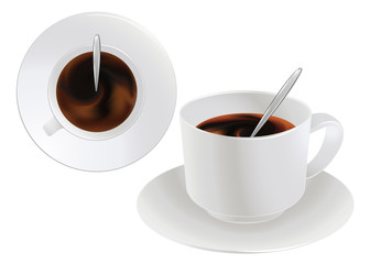 A cup of black coffee or chocolate. Front and top view. Realistic vector. Concept. 