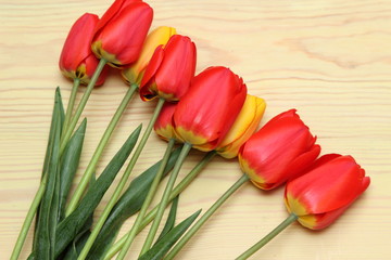 red tulips on wooden background