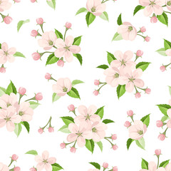 Vector seamless pattern with pink apple blossoms and green leaves on a white background.