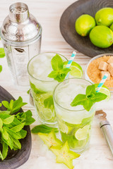 Two fresh mojitos cocktail. Mojitos with mint leaves, lime and ice