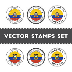 Ecuadorean flag rubber stamps set. National flags grunge stamps. Country round badges collection.