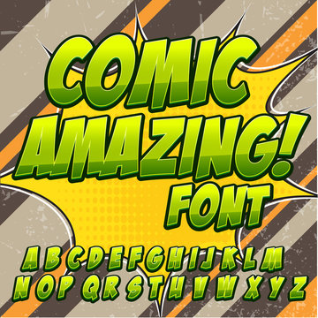 Comic alphabet set. Green color version. Letters, numbers and figures for kids' illustrations, websites, comics, banners
