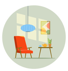 Fototapeta premium Retro interior. Living room with red chair, coffee table, sun glare on wall, houseplant, picture. Vector flat illustration