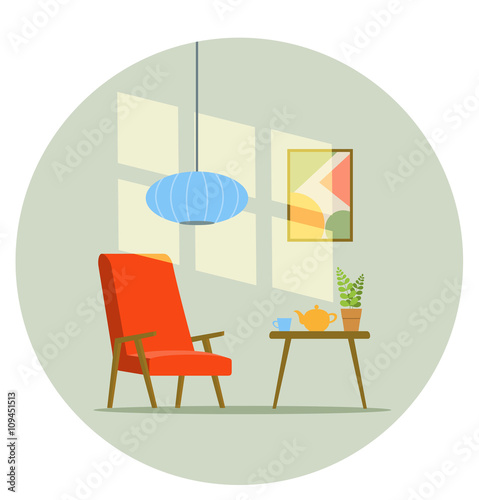 Retro Interior Living Room With Red Chair Coffee Table