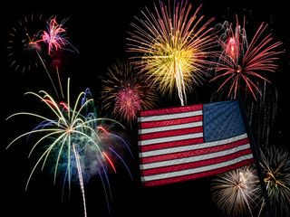 american flag waving on fireworks background for 4th of july independence day