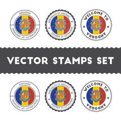 Andorran flag rubber stamps set. National flags grunge stamps. Country round badges collection.