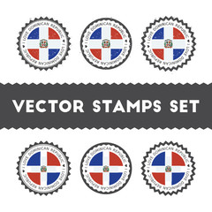 I Love Dominican Republic vector stamps set. Retro patriotic country flag badges. National flags vintage round signs.