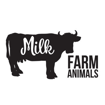 black contour cow farm with a white inscription inside, vector cow animal, cattle, horned animal, domestic cow, food, animal outline for the product with lettering on the beef meat