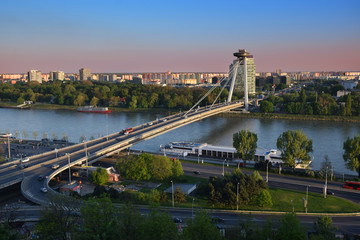 New bridge over Danube river in Bratislava,Slovakia at sunset