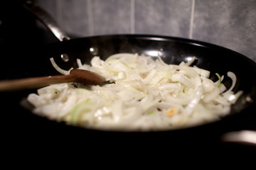 onions in frying pan.