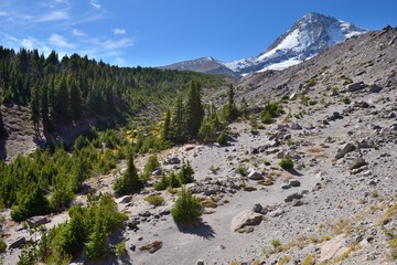 View of Mount Hood on a background of blue sky from Tilly Jane Creek canyon. Mount Hood Coper Spure, Oregon, USA Pacific Northwest.