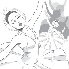 Black & White drawing of a ballerina dancing swan lake ballet with sad expression