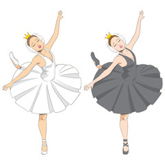 Fototapeta premium Line illustration of a beautiful elegant swan lake ballet dancer in two black and white version
