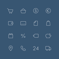 Shop thin outline icon set with rounded corners - different symbols on the dark background