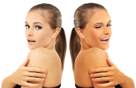 Beauty visual about suntan. Model's face divided in parts - tanned and natural
