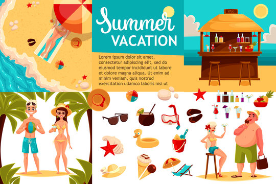 Infographics with travel concept summer vacation on the beach, tourists go hiking in travel between countries, vacation, set of elements of icons, beach, summer, bar, sand, sea, fun and games