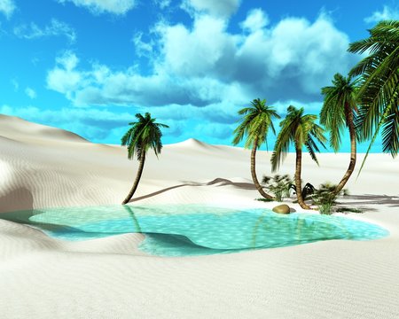 oasis in the desert, palm trees around the water, the lake in the desert with palm trees