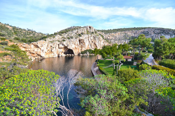 Vouliagmeni lake Greece, known for its constant temperature all the year. Its underwater cave was...